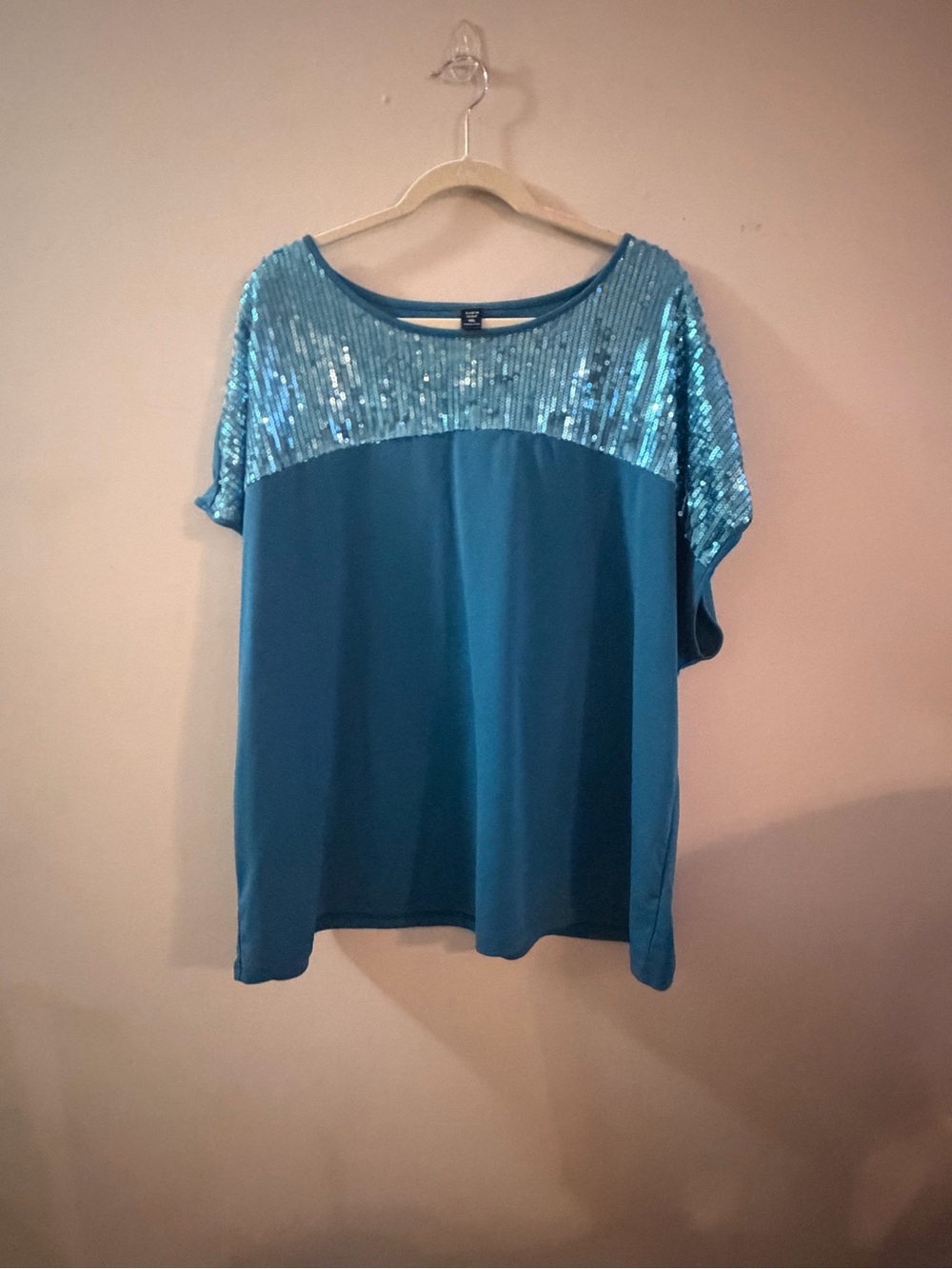 SHEIN Teal Sequin Yoke Short Sleeve Top